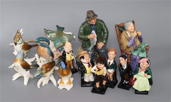 Two Doulton figures, six Doulton Dickens figures, Karl Ens birds and two others (14)